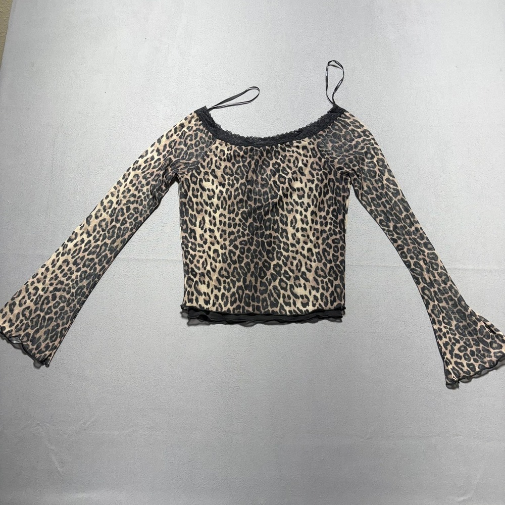 Leopard Print Mesh Top Lace Trim Bell Sleeve Ruched V-Neck Medium NWT - Picture 10 of 14
